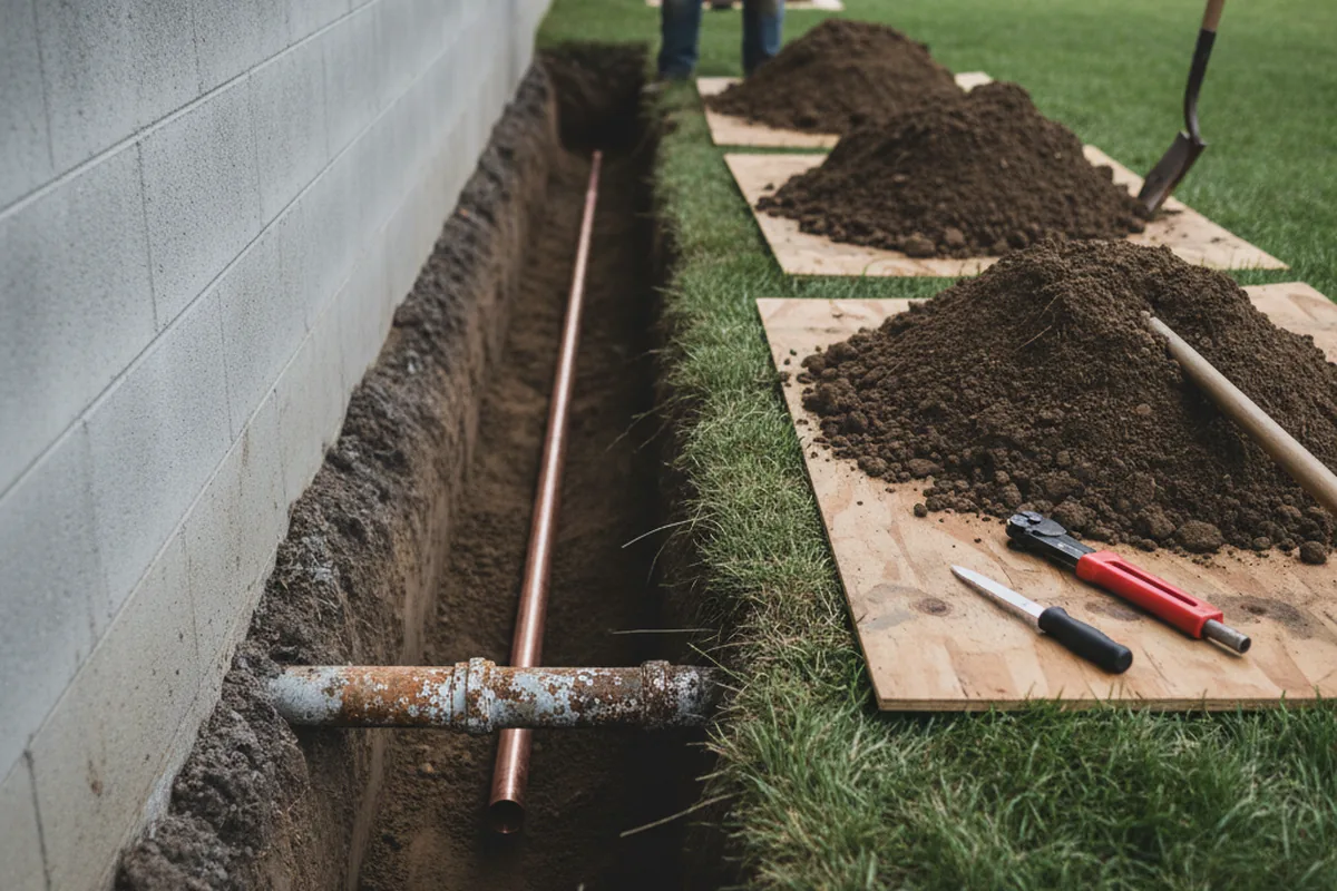 Excavated water line trench during Water Heater Repair in Winona